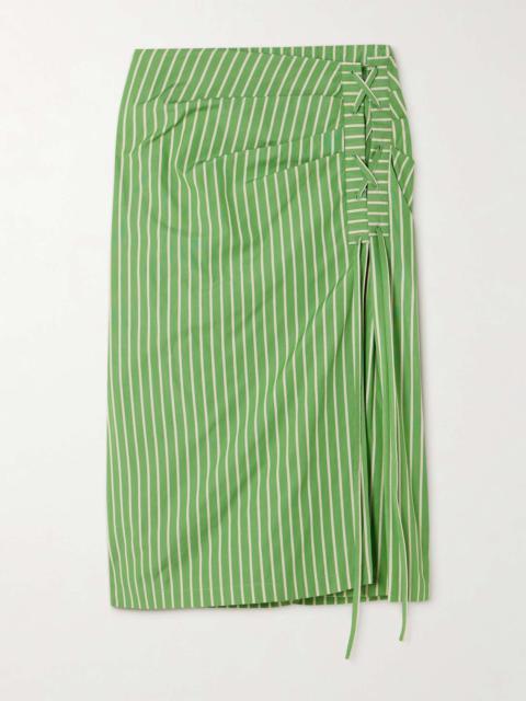 Tie-detailed striped cotton midi skirt