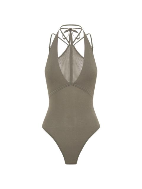 halterneck-fastening mesh bodysuit