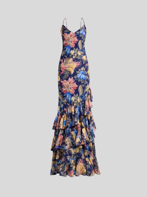 Etro LONG SEERSUCKER DRESS WITH RUFFLES AND FLORAL MOTIF