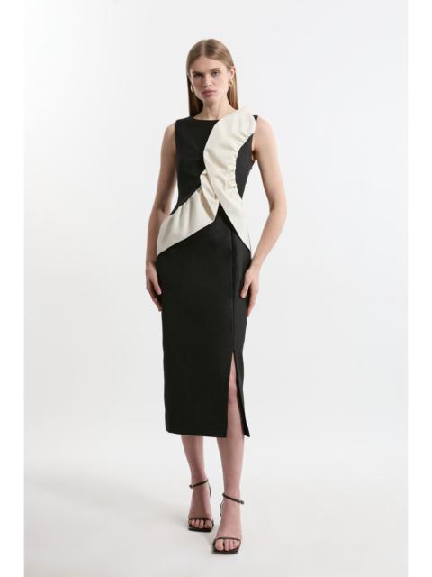 KAREN MILLEN Textured Tailored Contrast Taffeta Ruffle Midi Dress