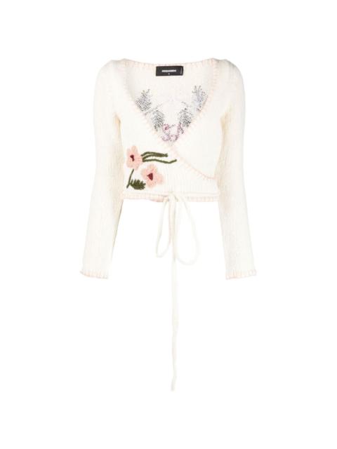 floral-embroidery wrap cropped cardigan