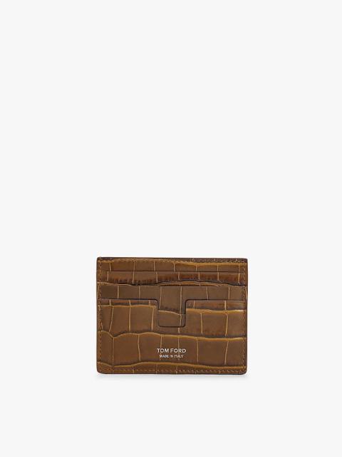 Brand-foiled crocodile-embossed leather card holder