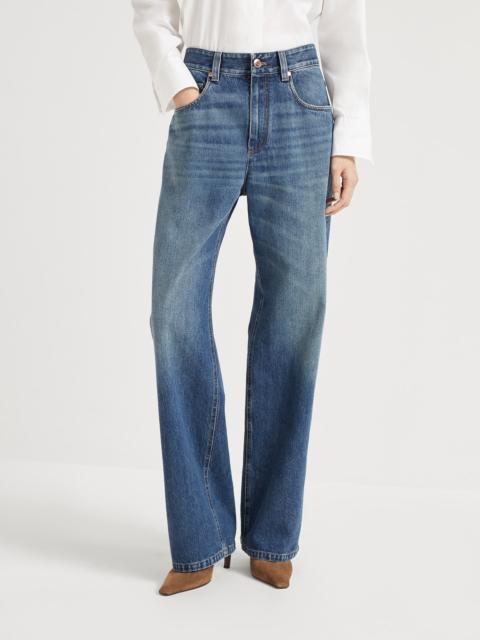 Authentic denim contemporary loose trousers with monili