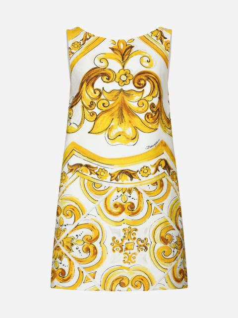 Short majolica-print brocade dress