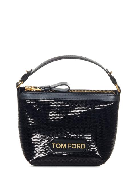 Black sequined small pouch bag with logo label at front and chain shoulder strap.