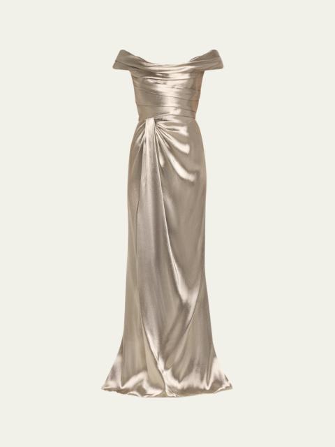 Off-Shoulder Hand Draped Metallic Gown with Slit