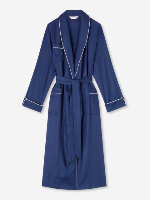 Derek Rose Women's Long Dressing Gown Lombard 6 Cotton Jacquard Navy