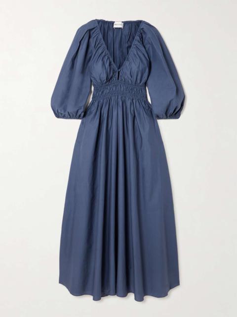 MATTEAU Shirred organic cotton-poplin maxi dress Blue