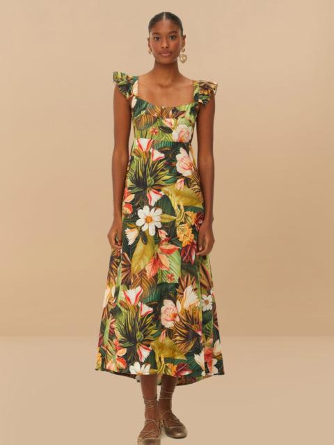 FARM RIO Botanical Forest Multicolor Scoop Neck Ruffled Strap Maxi Dress