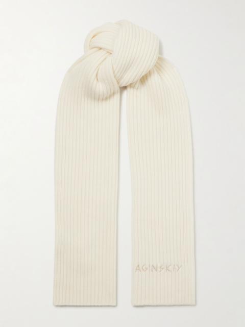 RUSLAN BAGINSKIY Embroidered ribbed merino wool scarf Cream