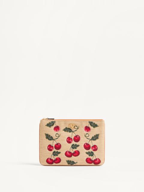 Valentino VLOGO SIGNATURE POUCH IN JACQUARD RAFFIA WITH CHERRYFIC PATTERN