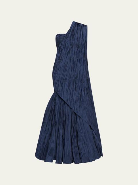 MARMAR HALIM One-Shoulder Drape Pleated Satin Trumpet Gown