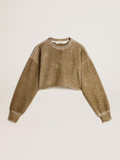Vintage-effect beech-colored cotton cropped sweatshirt