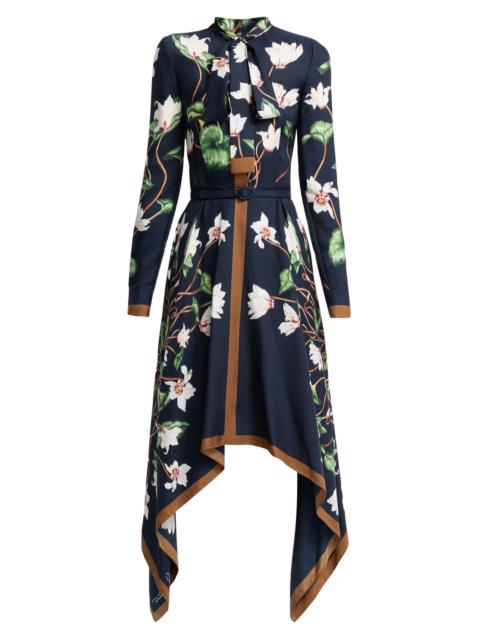 Oscar de la Renta Women's Chine Cyclamen Silk Asymmetric Day Midi-Dress - Navy Multi