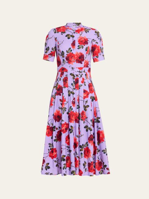 CAROLINA HERRERA Carnation-Print Short-Sleeve Pleated Midi Shirtdress