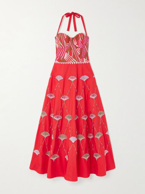 EMPORIO SIRENUSE Lotty bead-embellished embroidered cotton-blend poplin halterneck midi dress Red