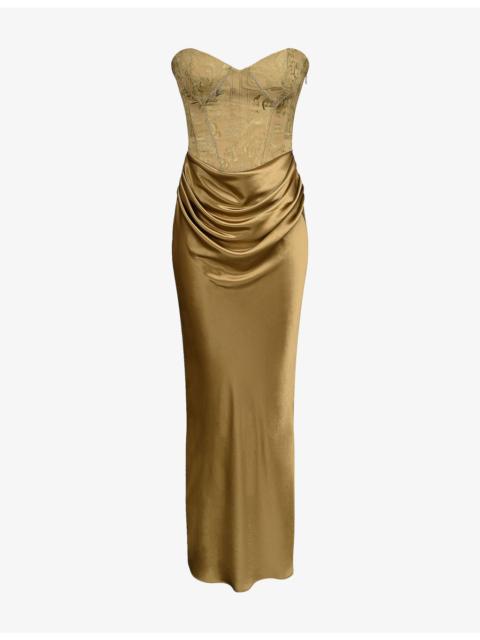 House of CB Aurelia Strapless Brocade and Satin Corset Maxi Dress