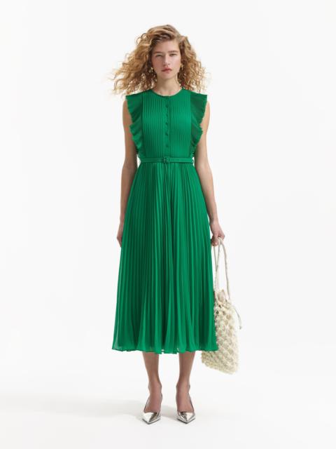 self-portrait Green Chiffon Sleeveless Ruffle Midi Dress
