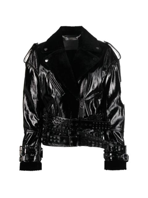 shearling-collar patent-leather jacket