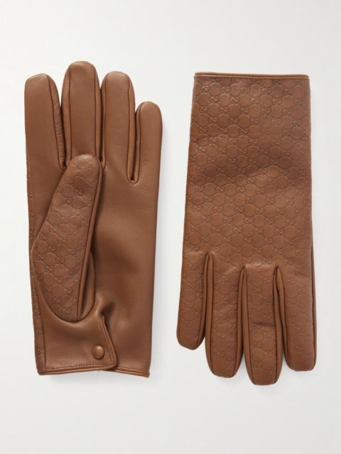 GUCCI Monogram-Embossed Leather Gloves Brown