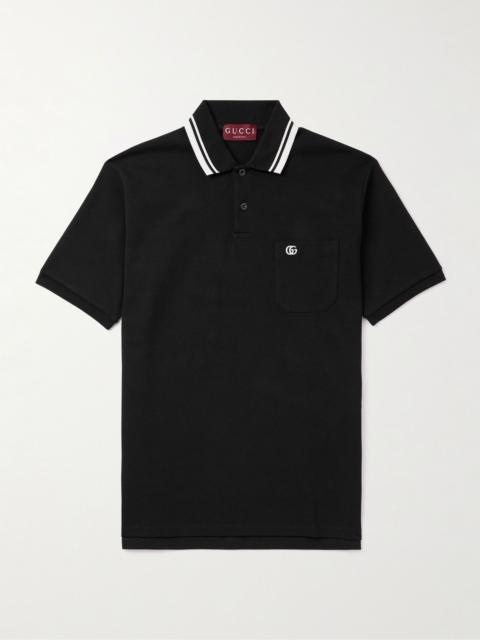 GUCCI Logo-Embroidered Stretch-Cotton Piqué Polo Shirt Black