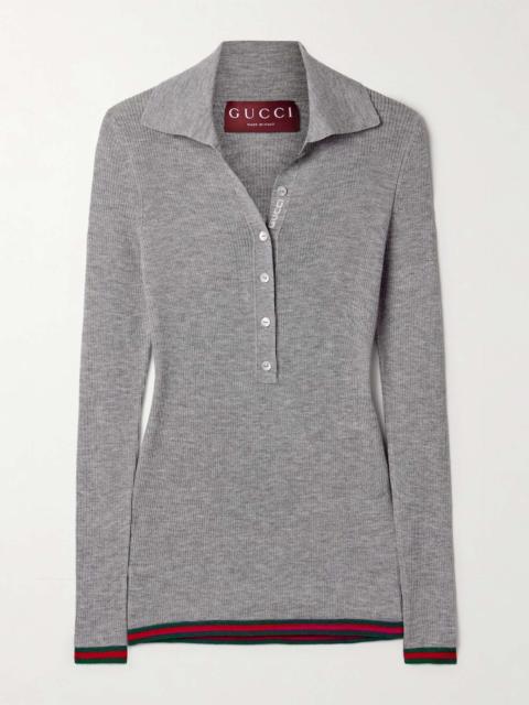 GUCCI Striped ribbed cashmere and silk-blend polo shirt Light gray