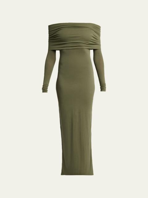 BALENCIAGA Off-The-Shoulder Transparent Jersey Maxi Dress