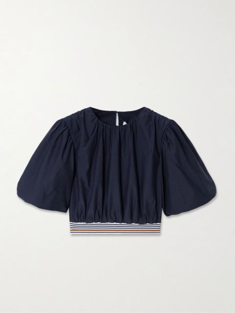 VERONICA BEARD Gabriela cropped striped cotton and silk-blend blouse Navy