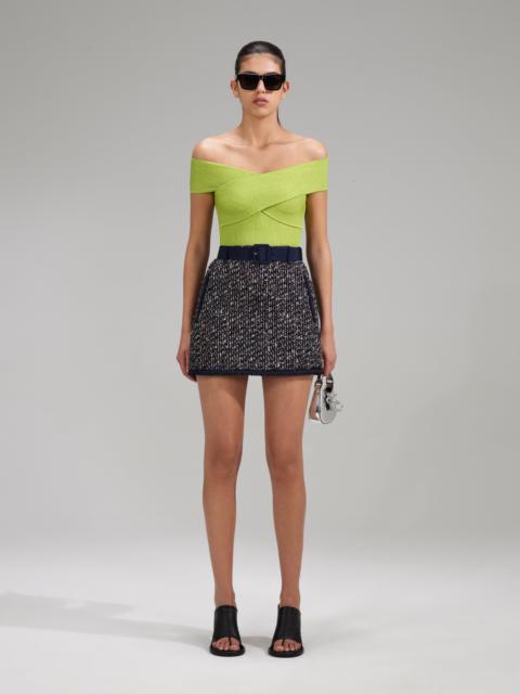self-portrait Green Lurex Knit Off Shoulder Top