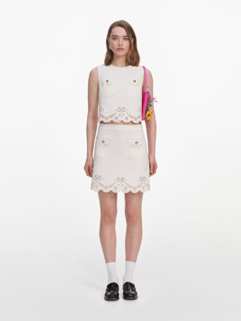self-portrait Cream Broderie Denim Mini Skirt