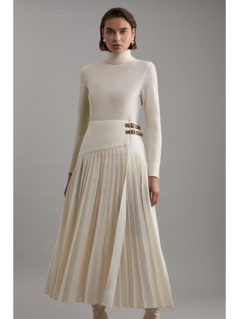 KAREN MILLEN Tailored Crepe Pleated Buckle Detailed Maxi Skirt