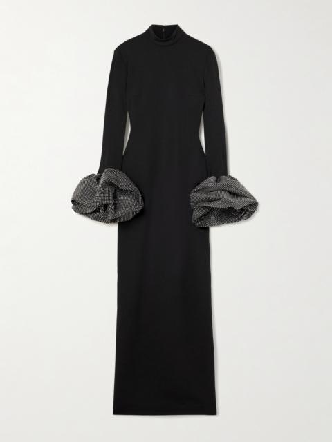 SOLACE LONDON Viviana Ruffled Crystal-embellished Crepe Mock-neck Gown