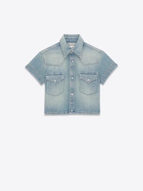 SAINT LAURENT cropped shirt in blue twill denim