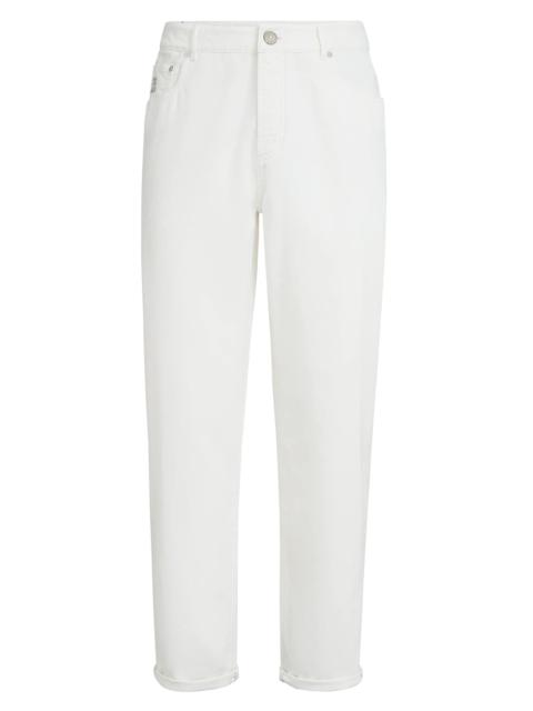 Brunello Cucinelli Men's Garment Dyed Five Pocket Jeans In Twisted Cotton Gabardine - Snow