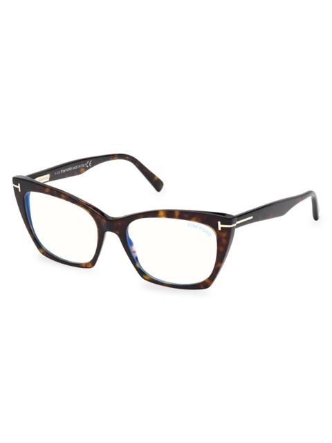 TOM FORD Women's 54MM Cat-Eye Blue Filter Eyeglasses - Dark Havana