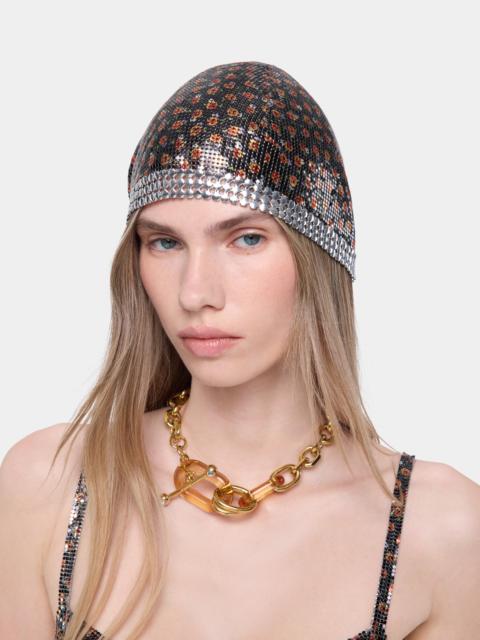 rabanne BLACK LIBERTY PRINT MESH BEANIE WITH SILVER EMBELLISHMENTS