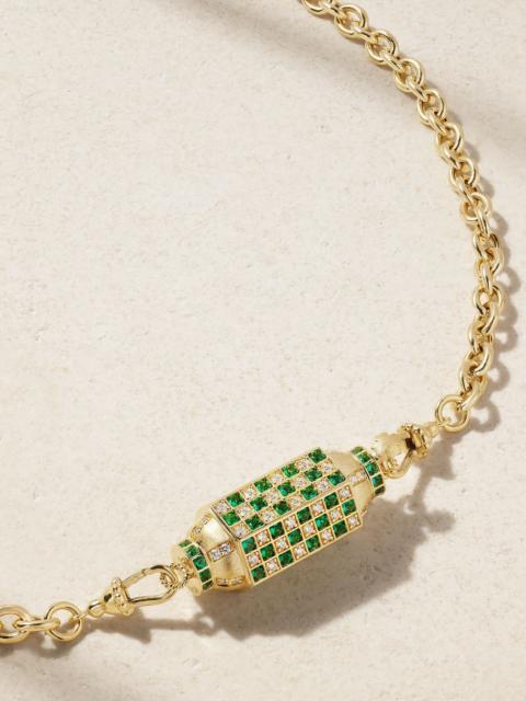 MARIE LICHTENBERG Check Locket 18-karat gold, emerald and diamond necklace Green