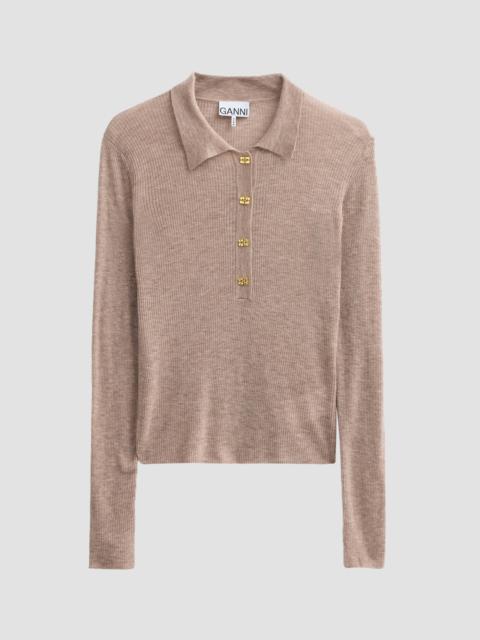 GANNI Women's Sheer Wool Ribbed Polo Sweater - Safari