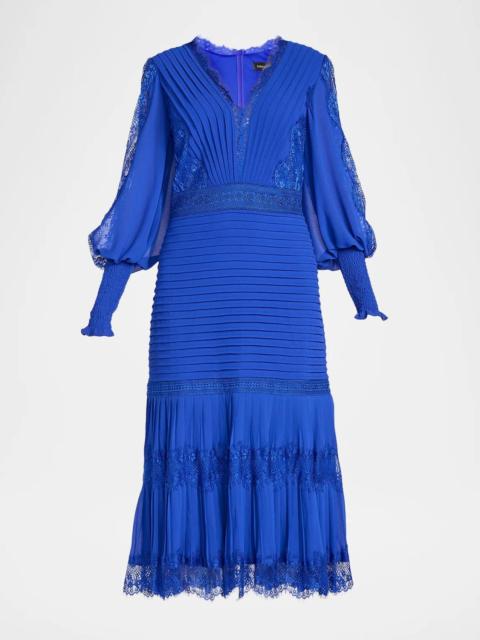 TADASHI SHOJI Pleated Chiffon & Lace Bishop-Sleeve Dress
