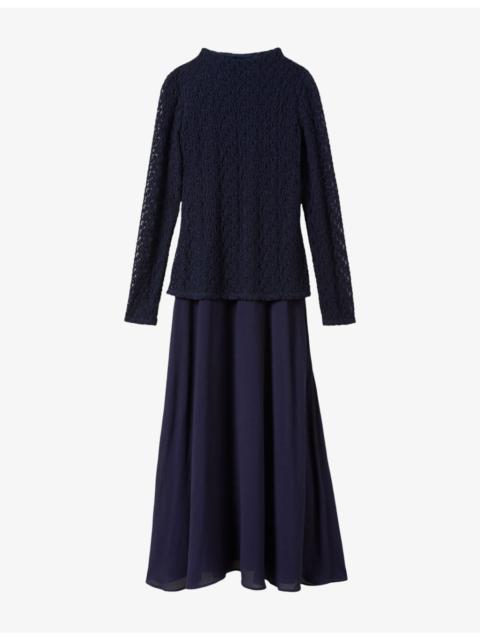WHISTLES Long-Sleeved Lace and Woven Midi Dress