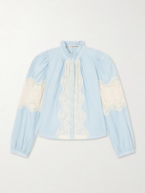 ALIX OF BOHEMIA Annabel Sky Lace-trimmed Cotton And Silk-blend Blouse