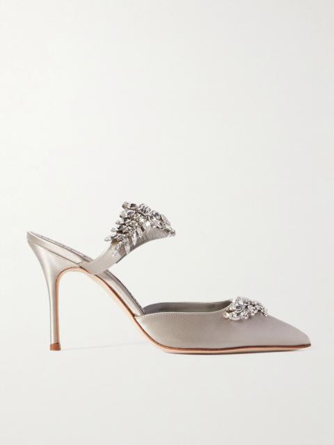 Manolo Blahnik Lurum 90 crystal-embellished satin mules Light gray