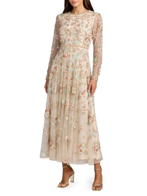 MAC DUGGAL Women's Floral Beaded Mesh Midi-Dress - Beige Multi