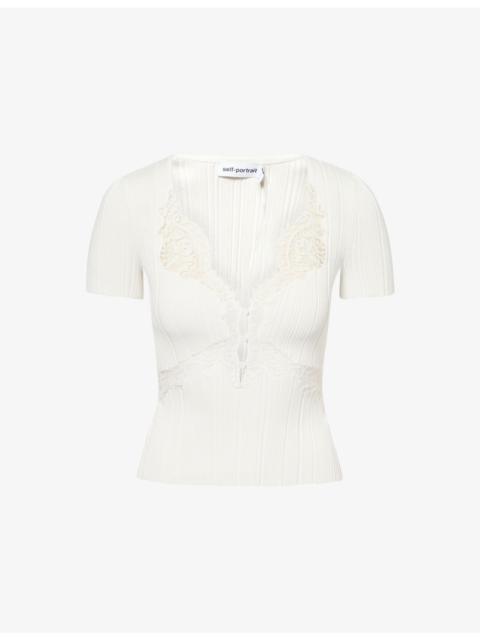 self-portrait Lace-Trim Short-Sleeve Knitted Top