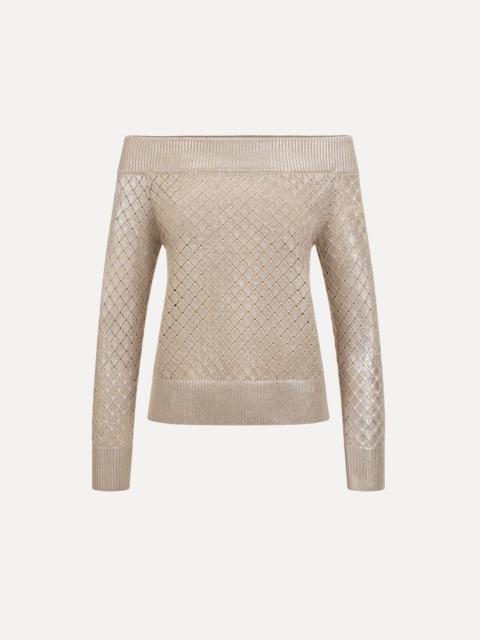 Oscar de la Renta SILVER FOIL OFF-SHOULDER PULLOVER