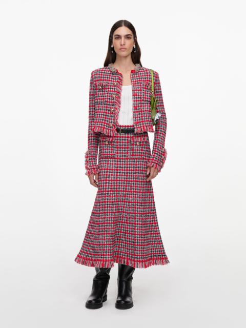 self-portrait Red Check Frayed Knit Midi Skirt