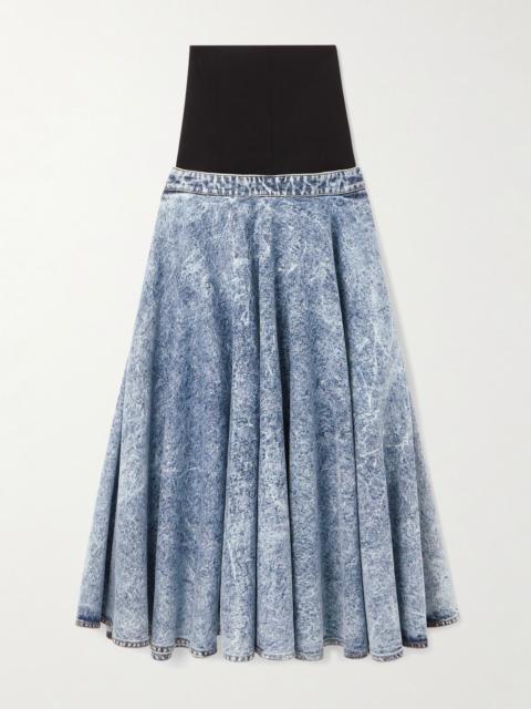 Alaïa Stretch-knit and pleated denim midi skirt Blue
