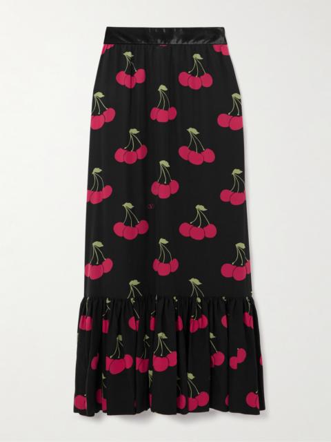 Valentino Ruched Velvet-trimmed Printed Silk-crepe Maxi Skirt