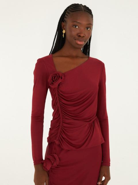 FARM RIO Burgundy 3D Flower Draped Long Sleeve Blouse