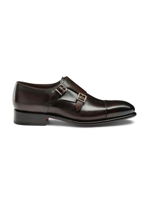 Santoni Men's polished brown leather double-buckle shoe